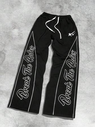 Men's Elastic Waist Drawstring Straight Slogan Loose Fit Casual Street Style Printed Sweatpants