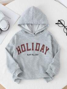 Genkimix Kids 1pc Young Girl Holiday Red Letter Print Long Sleeve Sweatshirt, Casual Loose Fit, Autumn/Winter - Grey - View 1