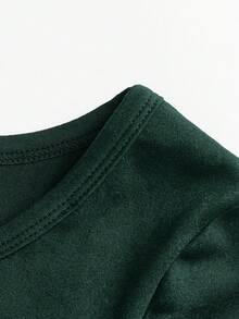 SHEIN EZwear Áo thun nữ cổ tròn tay dài ôm sát, màu xanh ô liu tối giản, thoải mái - Màu xanh lá cây đậm - Xem 6