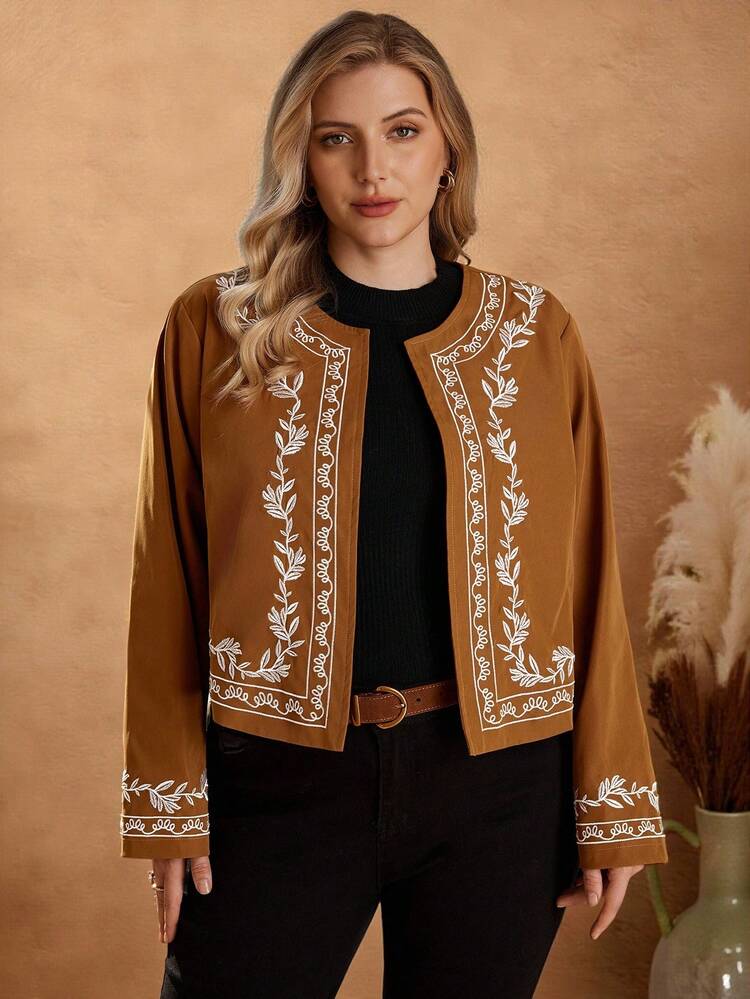 Plus Size Embroidered Round Neck Casual Versatile Long Sleeve Jacket, Brown Jacket, Autumn/Winter,2025 New