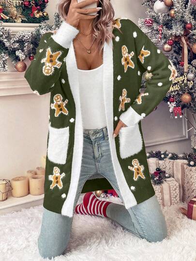 LanaWest Bear Pattern Dual Pocket Contrast Trim Dual Pocket Cardigan For New Year Clothes