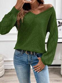 EMERY ROSE Women's Casual Hollow Out V-Neck Long Sleeve Knitted Sweater, Autumn/Winter - Army Green - View 7