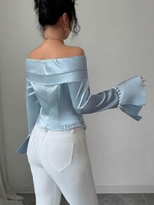 SHEIN Elenzya 1 件女式露肩褶皱长袖珍珠装饰优雅浪漫衬衫 - 霧霾藍 - 查看 2