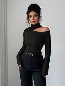 Modelyn 女士斜肩长袖修身休闲T恤，纹理设计，秋冬季款 - 黑色 - 查看 5