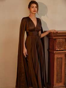 Aveloria Rosie 优雅简约褶裥连衣裙，深V领，收腰设计，缎面面料，长袖 - 棕色 - 查看 5