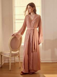 MOTF PREMIUM CONTRAST LACE BELTED ELEGANT LONG ROBE - Dusty Pink - View 7