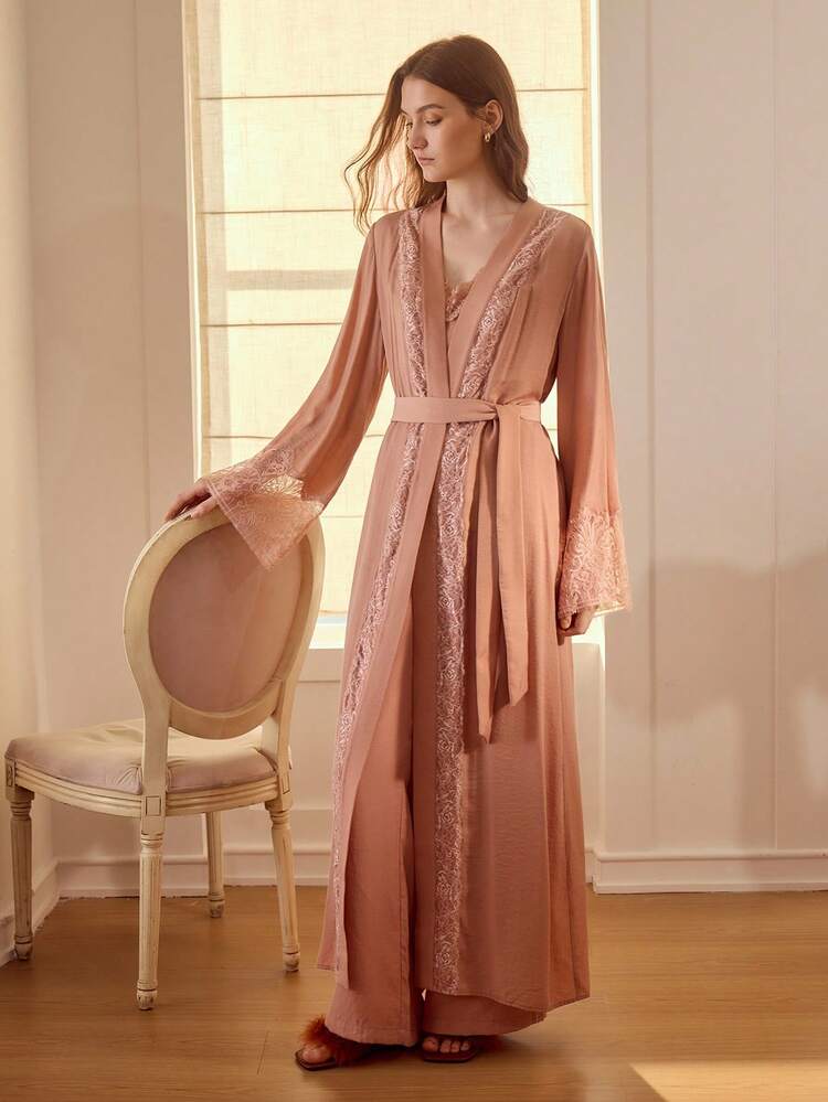 CONTRAST LACE BELTED ELEGANT LONG ROBE