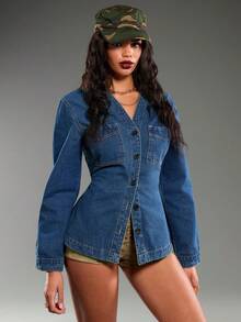 Normani Women's Fashion Front Button Waist Denim Blouse - Medium Wash - View 5