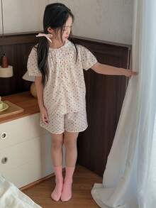 DAZY 青少年女孩休闲短袖印花家居服，简约时尚，适合日常穿着，花卉图案，女孩夏季服装，返校服装