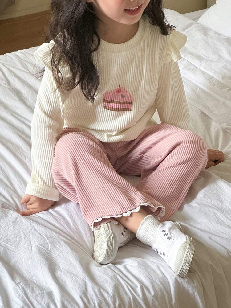 2pcs/Set Young Girls Round Neck Printed Fall Outfit