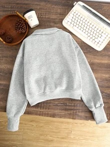 SHEIN 少女款前拉链长袖简约短款卫衣，休闲日常穿着，毕业季长袖上衣，返校季必备 - 淺灰色 - 查看 2