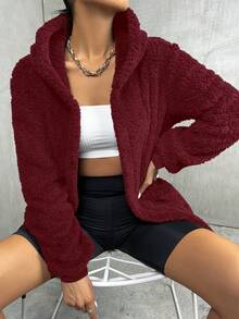 SHEIN Unity 秋冬保暖长袖口袋休闲宽松女式外套 - 酒紅色 - 查看 3