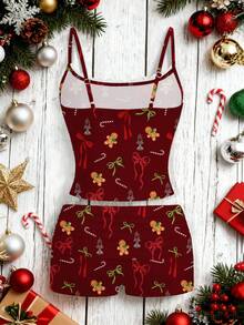 SHEIN EZwear 两件套女士蕾丝吊带背心和褶皱短裤，适合夏季穿着 - 酒紅色 - 查看 2