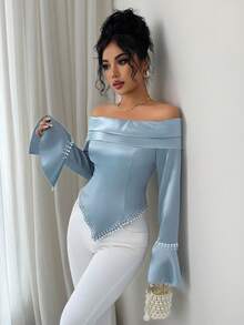 SHEIN Elenzya 1 件女式露肩褶皱长袖珍珠装饰优雅浪漫衬衫 - 霧霾藍 - 查看 7