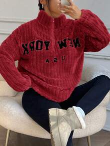 SHEIN EZwear 2pcs/Set Casual Letter Print Zip-Up Fleece Hoodie And Fitted Yoga Pants, Versatile Plus Size, Autumn/Winter  Christmas Clothes New Year Clothes Work From Home Outfit Comfy Outfits Women New York Outfits Women - Burgundy - View 4