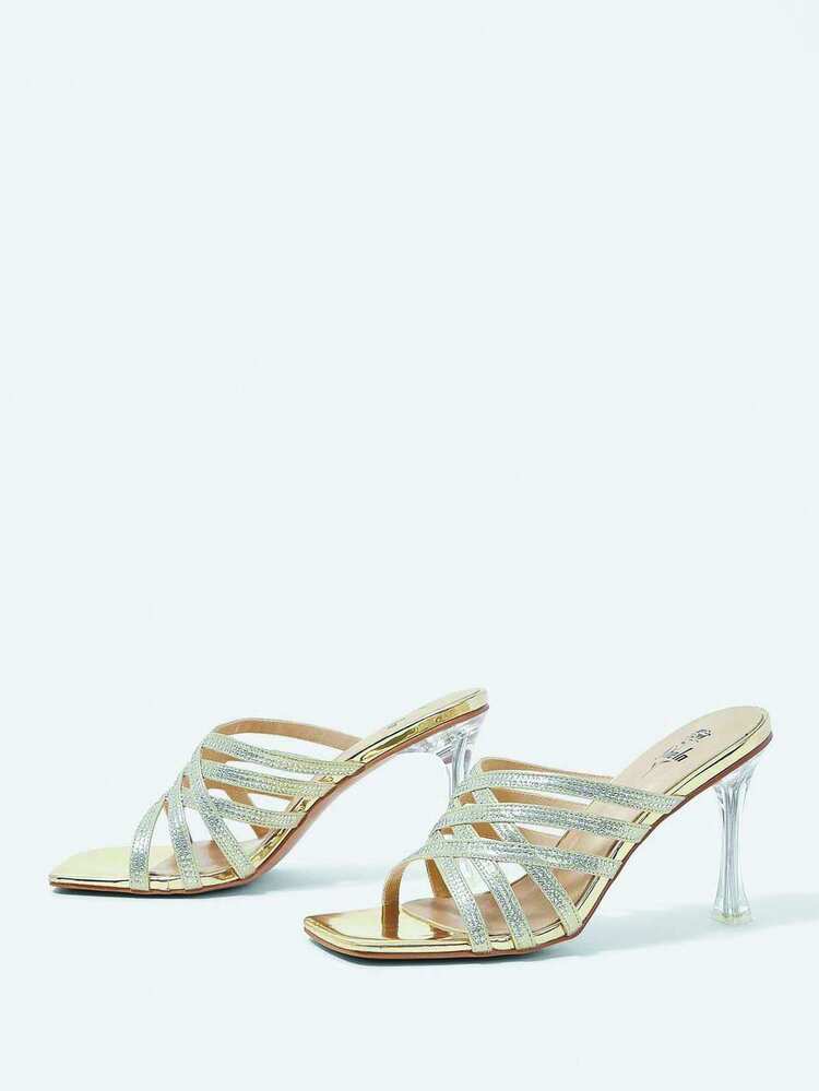 Gold All Rhinestones Shining Women's Square Toe Glass High Heels