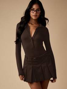 MISSGUIDED Long Sleeve Ribbed Bodysuit With Button Front Henley Neckline For Women Fall Winter - Brown - View 1