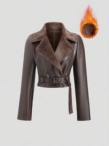 Sweetra Old Money Style Women Faux Fur Trim Short Jacket, Autumn/Winter - Brown - View 1