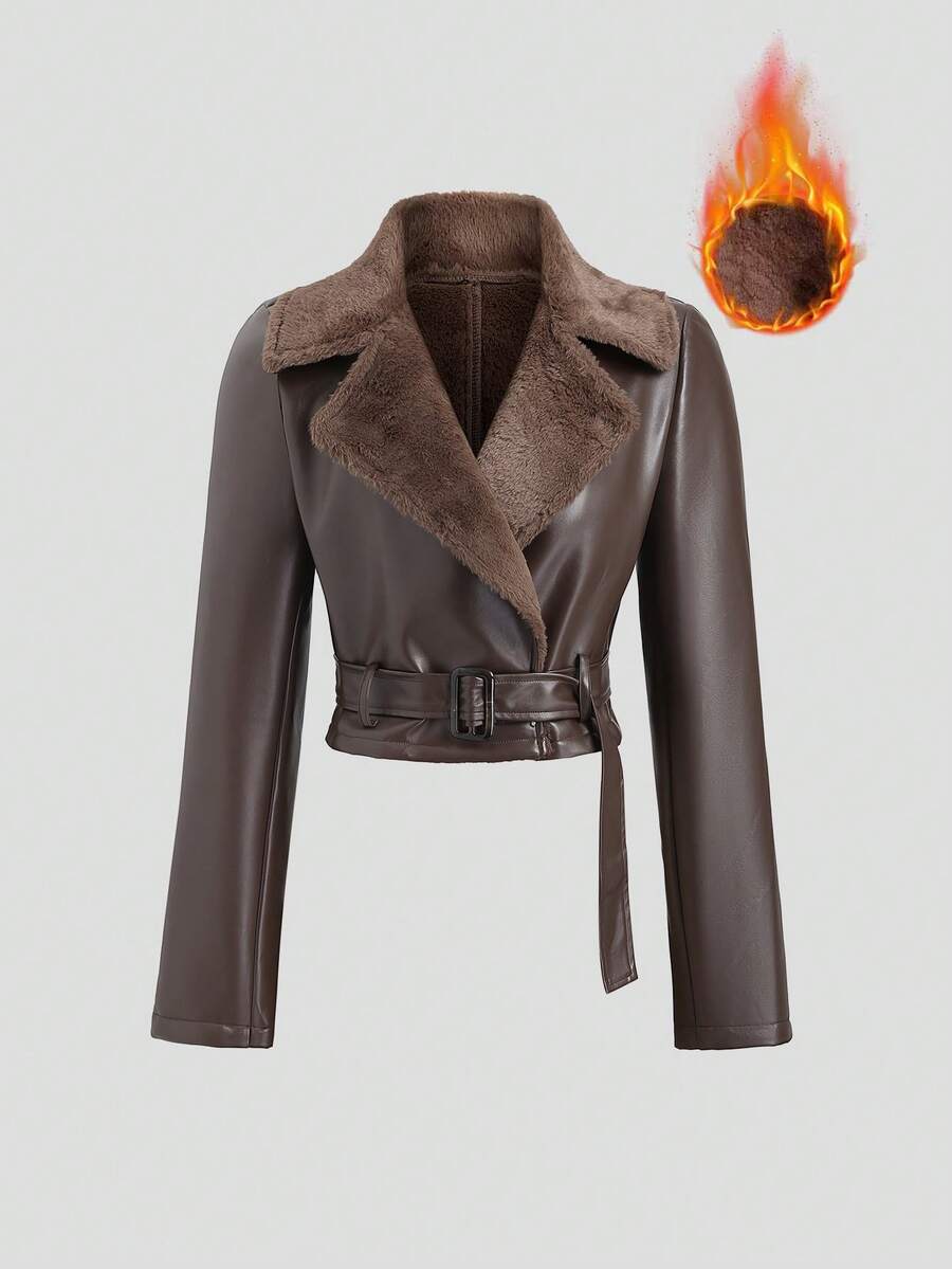 Sweetra Old Money Style Women Faux Fur Trim Short Jacket, Autumn/Winter - Brown - View 1