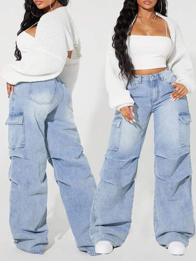 Slaydiva Plus Size Blue Casual Loose Fit Baggy Denim Wide Leg Pants