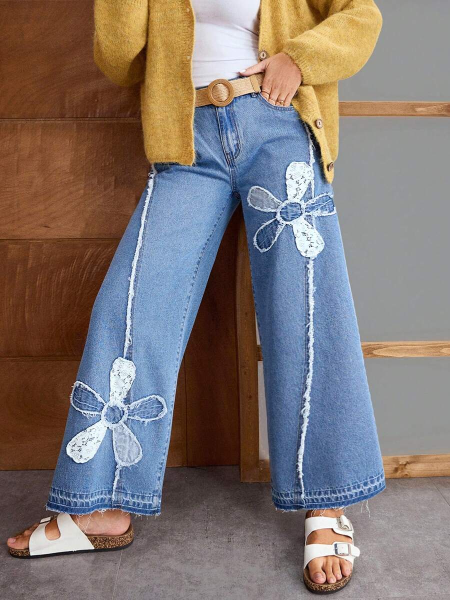 EMERY ROSE Quần jean ống rộng dáng rộng, thường ngày có túi thêu hoa dành cho nữ - Màu xanh lam - Xem 1