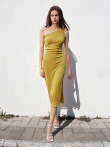 Maija 2025 Casual Elegant Textured Pleated Asymmetric One Shoulder Midi Dress, Mustard Yellow, Suitable For Early Autumn, Back To School, Party Season One Shoulder Dress One Sleeve Dress Yellow Dress Gold Dress Ribbed Dress - Mustard Yellow - View 3