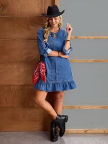 EMERY ROSE Women's Button Design Round Neck Rolled Sleeve Casual Loose Denim Dress - Blue - View 1