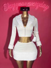 Slaydiva 2025 秋季新款万圣节生日派对宴会学院风学生日常休闲邮轮旅行病毒式街头服饰性感俱乐部 V 领长袖人造毛皮拼接夹克和下摆拼接人造毛皮迷你裙两件套，杏色绒面革，秋冬女装 - 杏色 - 查看 5