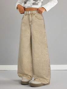 SHEIN Girls' Loose Fit Wide Leg Khaki Jeans - Apricot - View 3