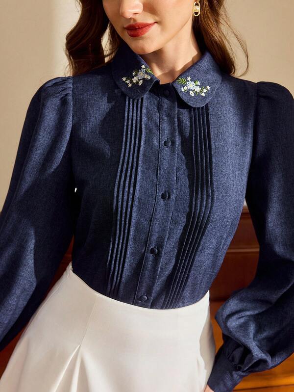 Vintamour Vintage Classic Elegant Women's Embroidered Collar Fitted Long Sleeve Shirt, Navy Blue