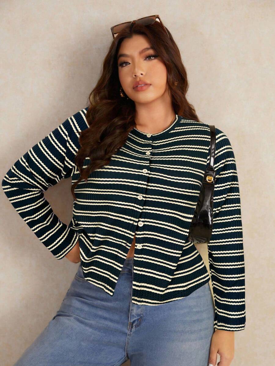 Elaquor Plus Size Striped Crew Neck Long Sleeve Button Front Casual Versatile T-Shirt Spring - Navy Blue - View 1