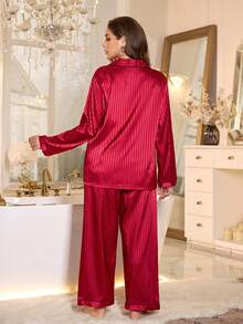 MuseNap CURVE Plus Size Striped Jacquard Faux Silk Lapel Pajama Set, Fall & Winter Clothes - Burgundy - View 3