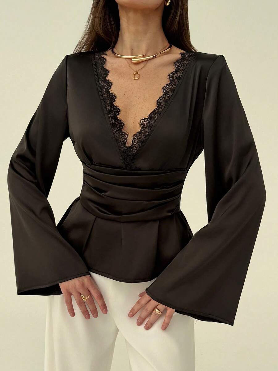 Aloruh 女士优雅纯色褶裥腰长袖衬衫，秋季优雅时尚