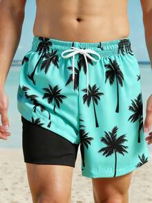 SHEIN Explorewe Young Boys Swimwear In Random Coconut Tree Print, Made Of 4-Way Stretch Fabric Boys Swim Trunks Boys Swim Shorts Tween Boys Swimwear Boys Bathing Suits Boys Swim Trunks With Compression Liner 4-Way Stretch Quick Dry Bathing Suit Toddler Beach Shorts - Multicolor - View 3
