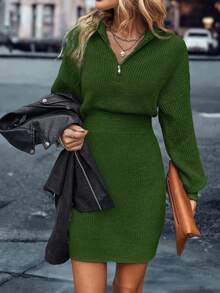 EMERY ROSE Women's Casual Solid Color Knit Dress, Autumn/Winter - Dark Green - View 6