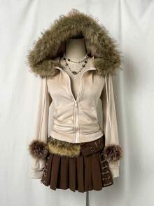 SHEIN Unity Casual Zip-Up Long Sleeve Fuzzy Ball Decor Sweatshirt For Women, Apricot Color - Apricot - View 1
