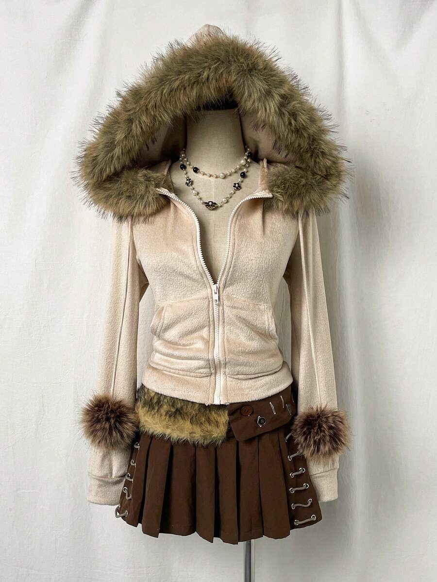 SHEIN Unity Casual Zip-Up Long Sleeve Fuzzy Ball Decor Sweatshirt For Women, Apricot Color - Apricot - View 1