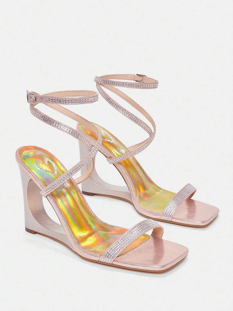 Women's Rhinestone Buckle Design Elegant Wedge High Heel Sandals