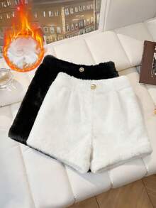 Franclia Pantalones cortos de mujer talla grande de nueva temporada de otoño/invierno de felpa de visón y lana, pantalones anchos de línea A, se pueden usar con botas de pelo, conjunto de pantalones cortos elegante y versátil