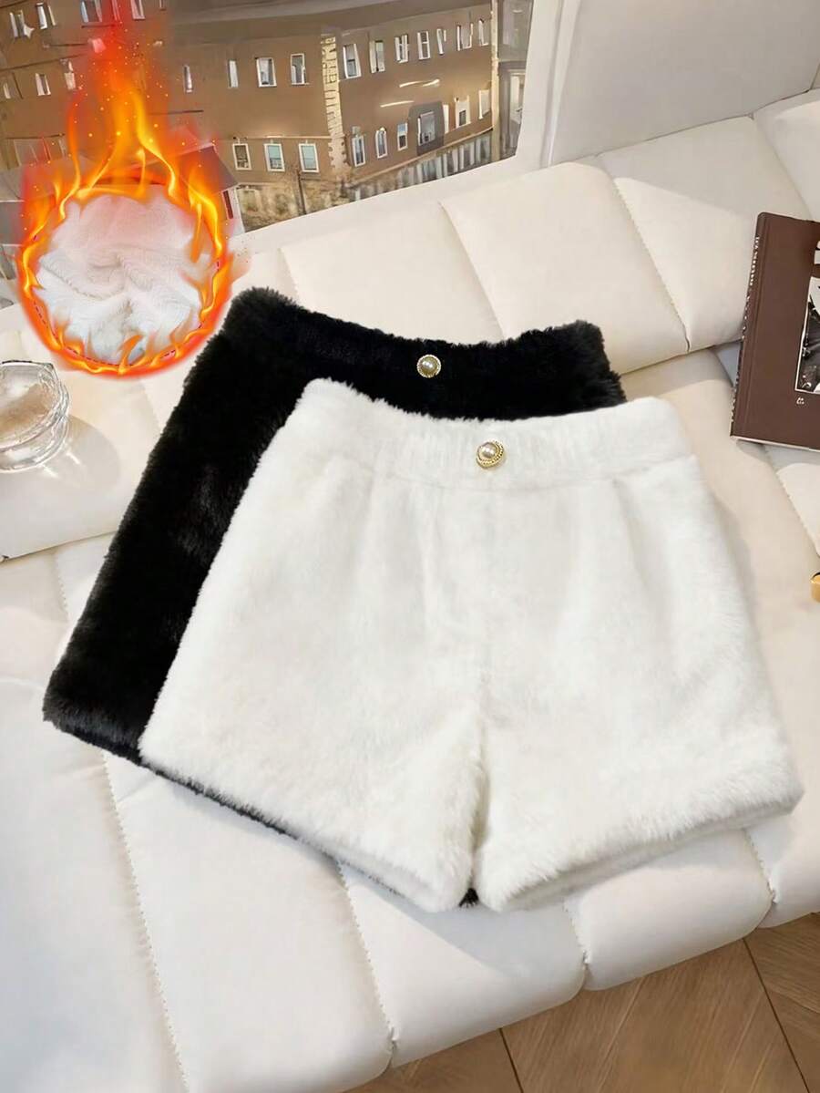 Franclia Pantalones cortos de mujer talla grande de nueva temporada de otoño/invierno de felpa de visón y lana, pantalones anchos de línea A, se pueden usar con botas de pelo, conjunto de pantalones cortos elegante y versátil