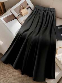 SHEIN Tall CURVE Plus Size Women's Solid Color Pleated Elegant Slimming Black Skirt - Black - View 2