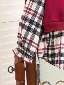 SHEIN Young Girl Casual Plaid Patchwork Sweatshirt - Burgundy - View 4
