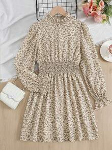 SHEIN Tween Girls' Casual Ditsy Floral Long Sleeve Woven Dress Thanksgiving Suitable For Autumn/Winter Long Sleeve Dresses Suitable For Daily, Celebration, Autumn & Winter Outfits For Easy Comfort, Autumn & Winter Layers For Girls, Stylish Girls