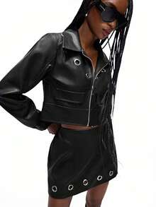 Aveloria Affinna 两件套黑色PU皮革朋克街头风服装，铆钉装饰，镂空设计，百搭机车夹克和迷你裙套装，女士款