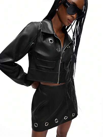 Aveloria Affinna 2pcs Black PU Leather Punk Street Style Outfit, Featuring Rivet Decor, Eyelet Hollow Design, Versatile Biker Jacket And Mini Skirt Set For Women