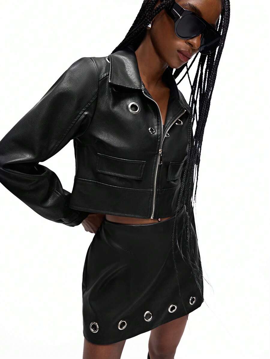 Aveloria Affinna 两件套黑色PU皮革朋克街头风服装，铆钉装饰，镂空设计，百搭机车夹克和迷你裙套装，女士款
