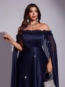 Viva Relle 大码优雅露肩披肩袖连衣裙，适合派对穿着 - 藏蓝色 - 查看 2