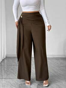 SHEIN Elenzya Quần ống rộng rộng rãi màu trơn đơn giản không đối xứng có ruy băng trang trí kim loại dành cho nữ cỡ lớn - Cà phê nâu - Xem 3