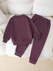 2pcs/Set Girls Long Sleeve Top & Pants Casual Sports Suit, Solid Color Top With White Letter Print For Energetic Look, Matching Jogger Pants, Simple Yet Fashionable, Suitable For Layering In Winter Or Wearing Alone In Autumn - Purple - View 2