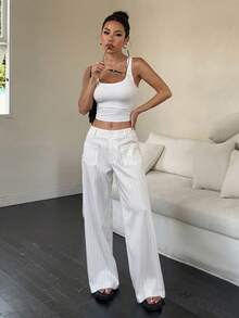 Flirla Women's Low Waist Striped Retro Versatile Wide Leg Pants With Pockets Fall Cloth For Women - White - View 4